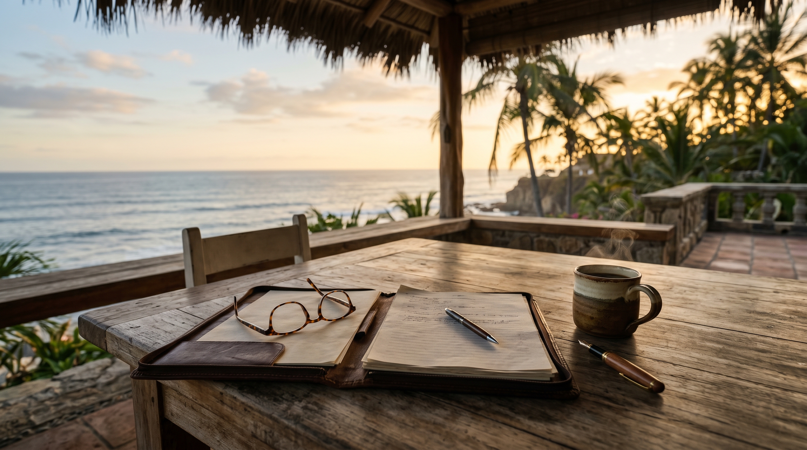 Coastal terrace at sunset with a wooden table, a notebook, glasses, a pen and a cup of coffee