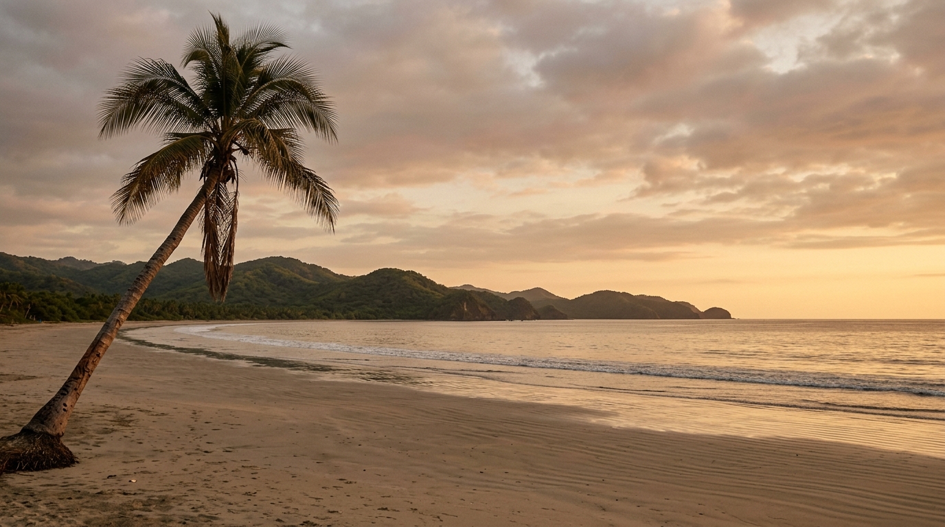 Pacific coast beach at sunset with a leaning palm tree, no people