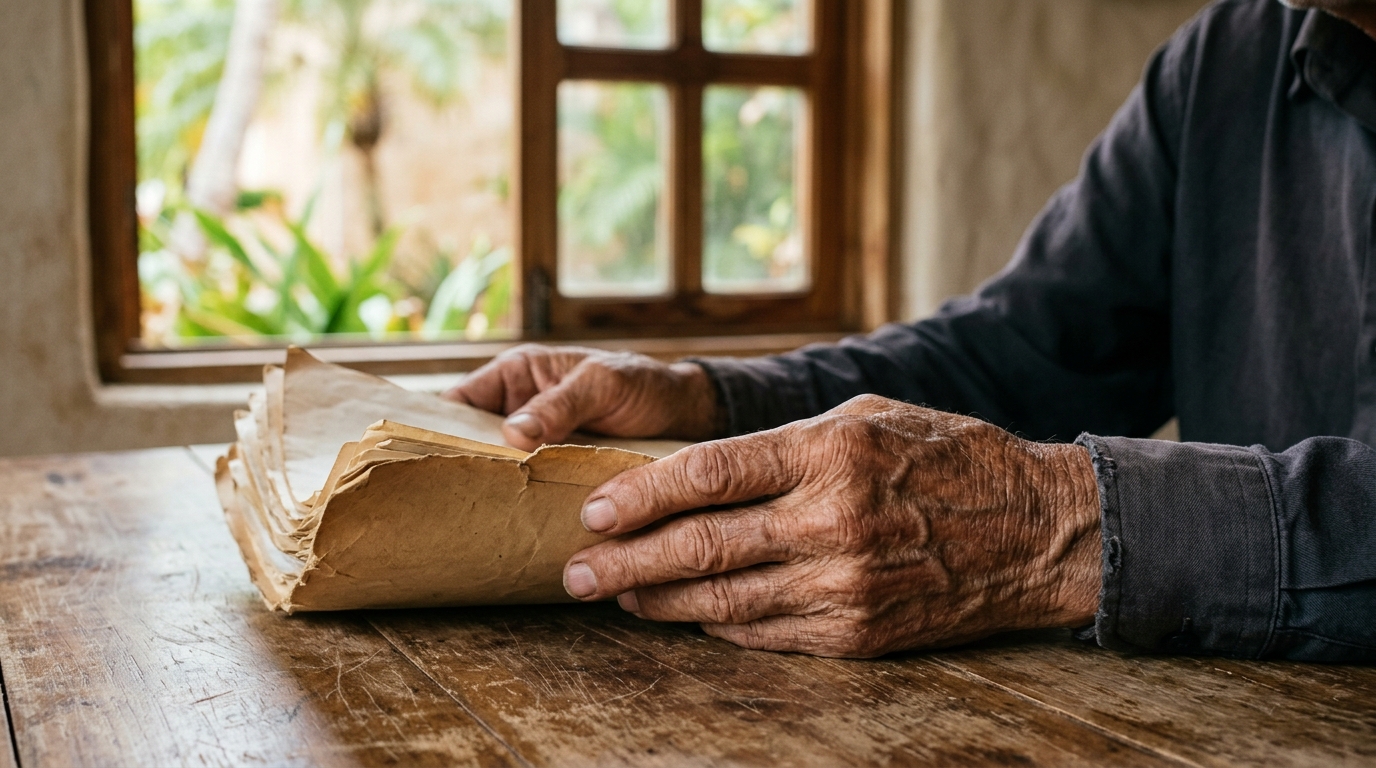 Manos de una persona mayor sosteniendo documentos sobre una mesa de madera, junto a una ventana con luz cálida